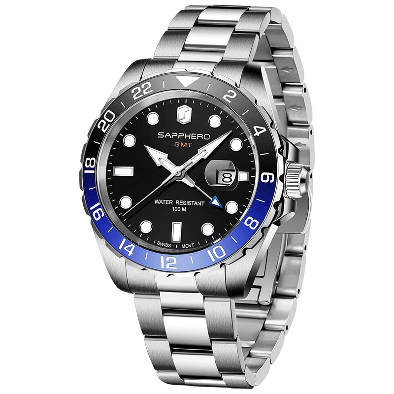 SAPPHERO GMT Watches Men's Swiss Quartz Movement Dual Time Zone 100 m Waterproof Men's Watch Elegant Business Casual Watch Men's Silver Stainless Steel Strap with Luminous Calendar Gift for Men,
