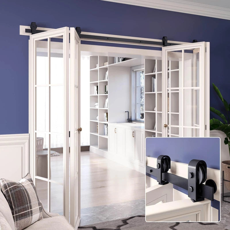 FINOSEN 100 inch Bifold Barn Door Hardware Track Kit for Four 24 inch Closet Doors,Top Mount Sliding System,Heavy Duty Roller,Smoothly and Quietly,Black(Bifold Door Not Included)