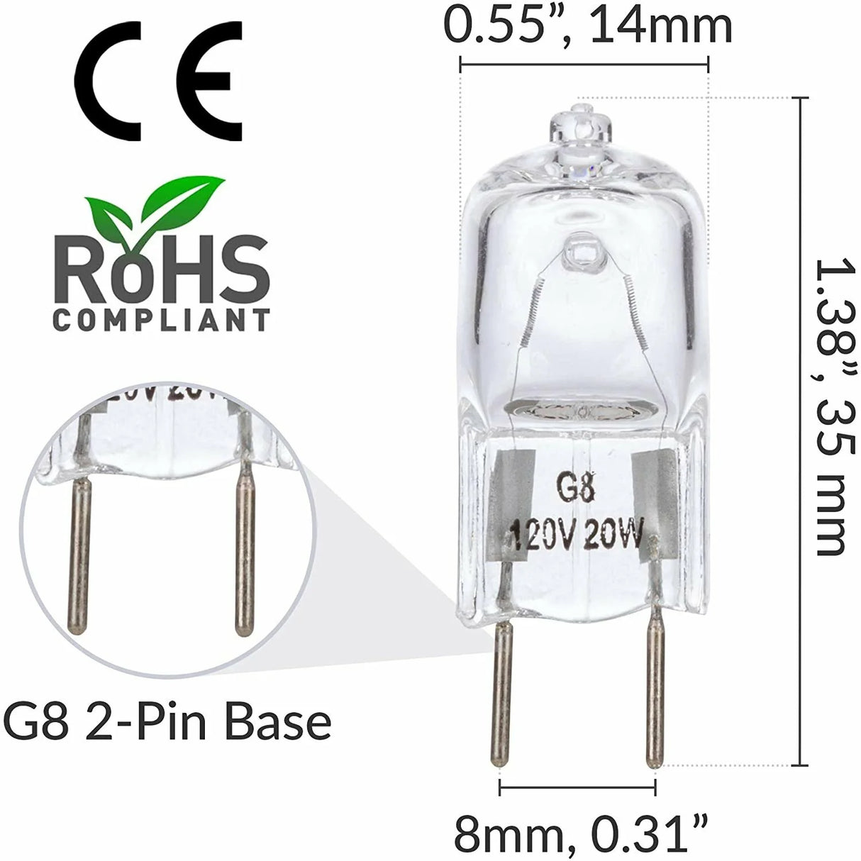 G8 Light Bulbs 20Watt 120Volt Halogen Light Bulb G8 Base Bi-Pin Shorter 1-3/8" (1.38") Length 20W T4 JCD Warm White Under Cabinet Puck Lighting Replacements,10Pack