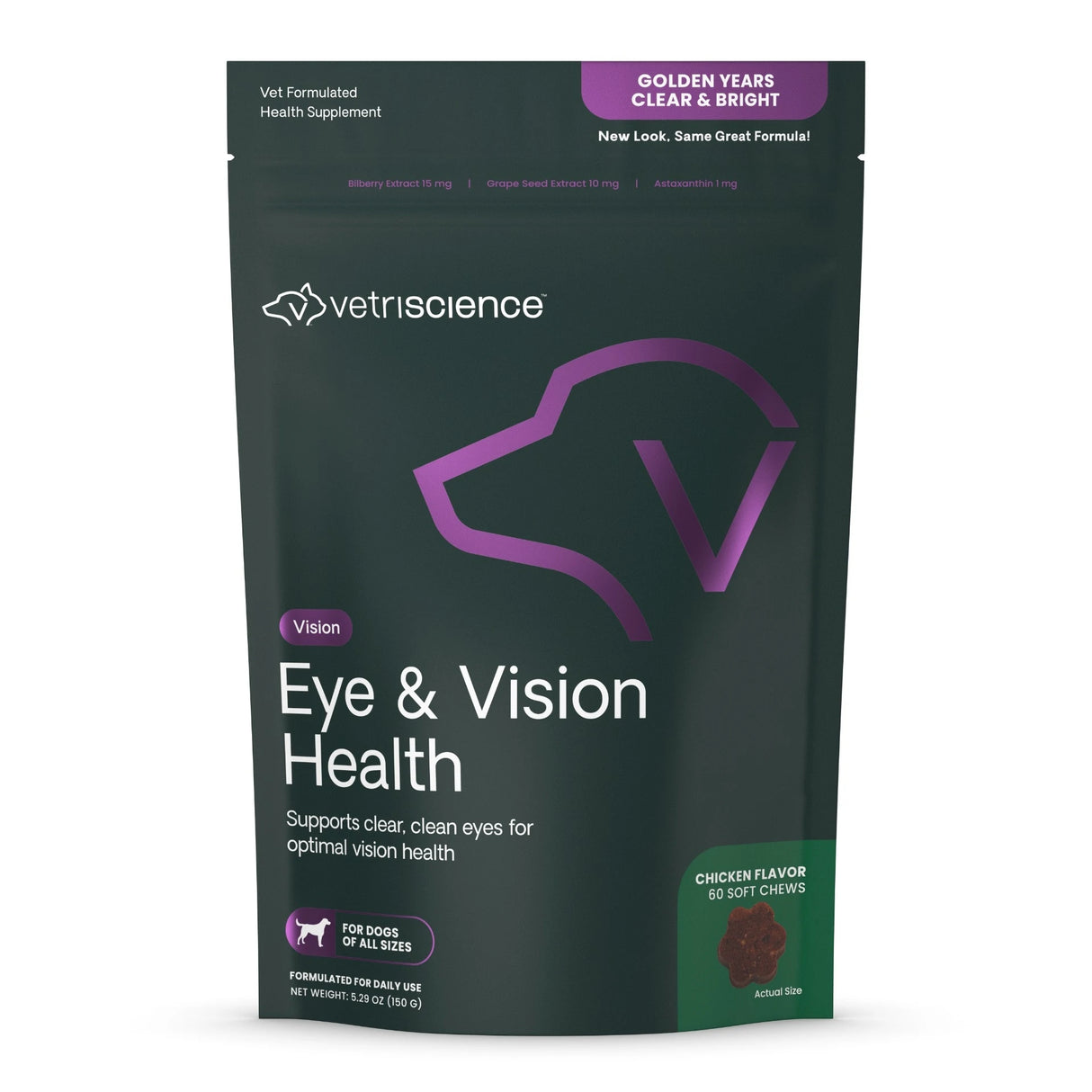 VETRISCIENCE Golden Years Clear and Bright Vision Support for Senior Dogs, Chicken Flavor, 60 Chews - Supports Cloudy and Teary Eyes and Ocular Blood Flow