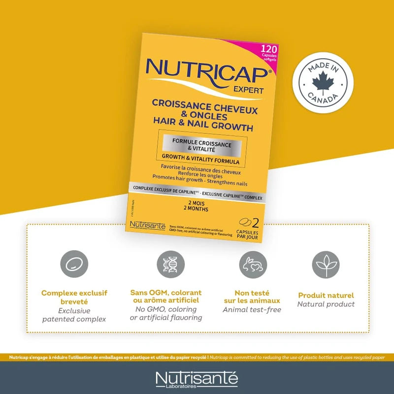 NUTRISANTÉ Nutricap Expert Hair & Nail Growth - Made In Canada - Biotin, Walnut Oil, Vitamin B3 - Hair Growth, Strengthens Nails - 2 Months Treatment - 120 softgels