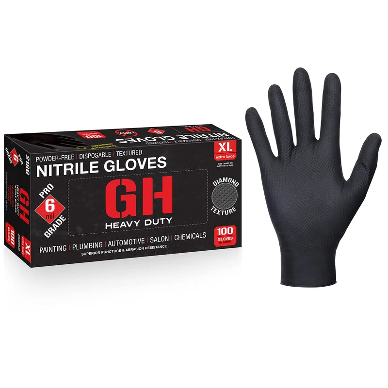 GH Heavy Duty Diamond Textured Nitrile Gloves, All Purpose 6 mil Thick Disposable Gloves, Latex & Powder Free, 100 Pack (Black), Large