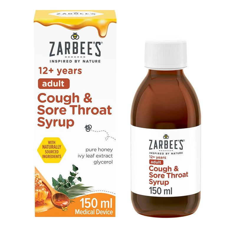 Zarbee’s® Adult Cough and Sore Throat Syrup, 150 ml, Honey-Based Relief for Dry or Chesty Cough, Sore Throat Relief, Alcohol Free, No Artificial Colours or Flavours, Cough Syrup For Adults