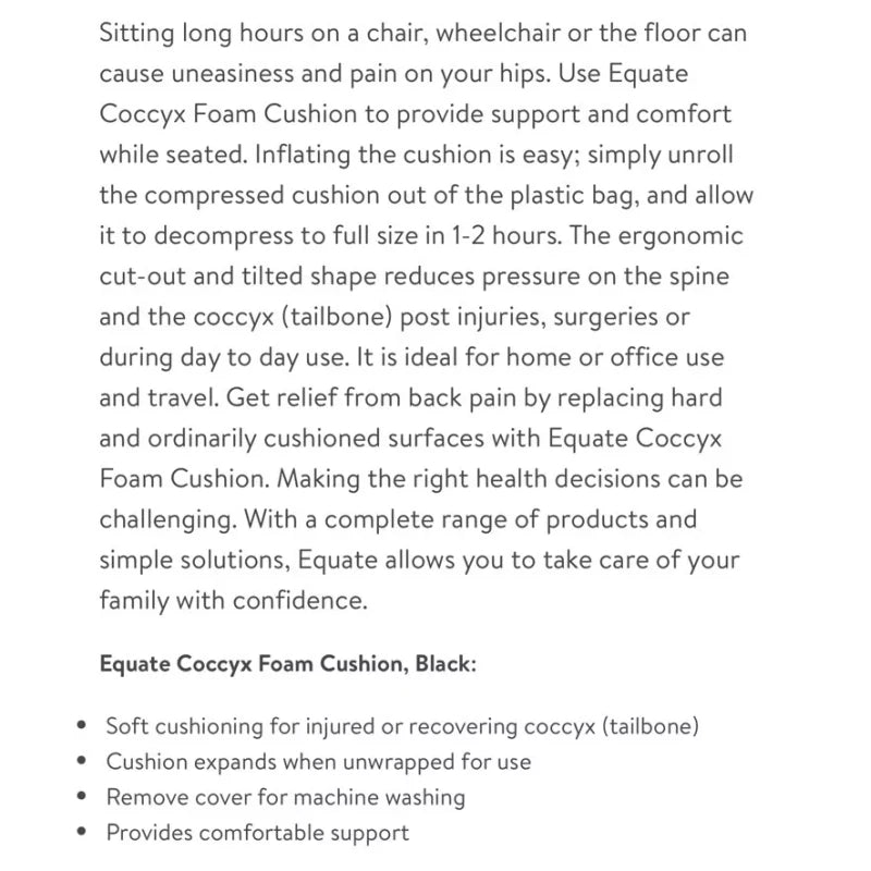 Equate Memory Foam Coccyx Tailbone Cushion Black Washable Cover Wheelchair/cha