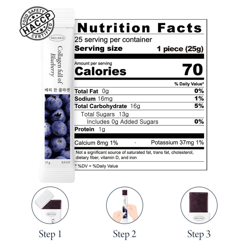 WELLINUS Blueberry Full of Collagen, Jelly Stick, Marine Collagen, Fast Absorbing, Snack, Ultra-Low Weight Molecular Marine Collagen, HACCP Certified, 22.05 oz/Pack of 25