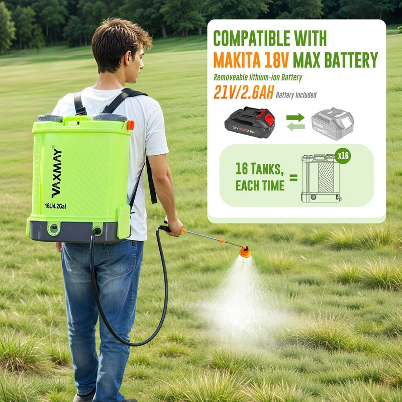 VAXMAY Battery Powered Backpack Sprayer 4 Gallon, VAXMAY 100 PSI Electric Graden Sprayer Works with Makita 18V Battery, Weed Yard Sprayer with Telescopic Wand, 5 Nozzles, 2.6 Ah Battery & Charger Included