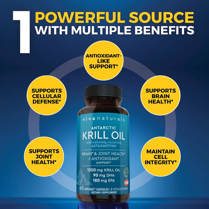 Viva Naturals Viva Naturals Antarctic Krill Oil Omega 3 Supplements 1250 mg - DHA EPA Omega-3 & Astaxanthin Concentration for Joint Health, No Fish Burp - 60 Omega 3 Krill Oil Capsules