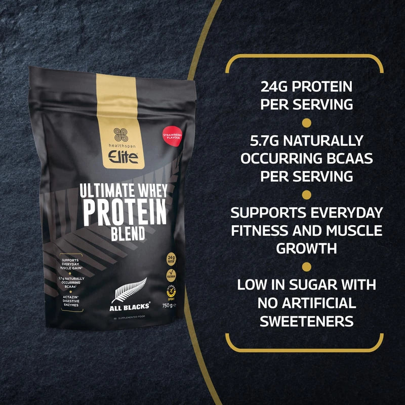 Healthspan Elite All Blacks Ultimate Whey Protein Blend 750g | Whey Concentrate & Isolate Proteins | 24g Protein Per Serving | Muscle Gain | 5.7g BCAAs | Contains Actazin | Vegetarian (Strawberry)