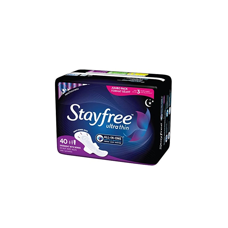 Stayfree Ultra Thin Overnight Pads with Wings, For Women, Reliable Protection and Absorbency of Feminine Moisture, Leaks and Periods, 40 Count