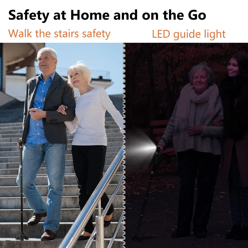 KAKICLAY Folding Walking Cane with LED Light for Men & Women, Foldable Lightweight Heavy Duty Aluminum Walking Stick for Seniors & Adults (Black)