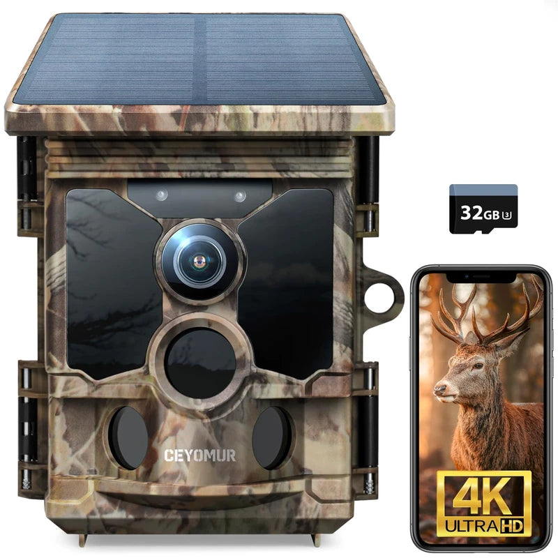 CEYOMUR 4K 30fps Solar Trail Camera, 46MP WiFi Trail Camera with Night Vision 0.1s Trigger Motion Activated, Game Camera with 120° Detection IP66 Waterproof for Wildlife Scouting with 32GB SD Card