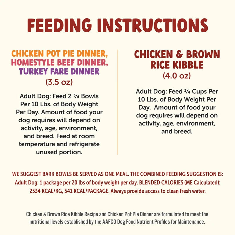 BARK BOWLS Travel-Ready Dog Food, Chicken Pot Pie Dinner, Turkey Fare Dinner & Homestyle Beef Dinner Variety Pack - 7.5 oz Tray (6 Count), Made in The USA