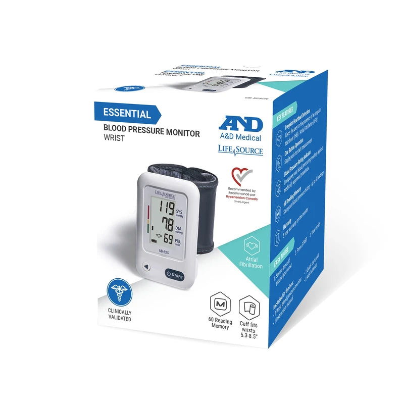A&D Medical LifeSource ESSENTIAL Wrist Blood Pressure Monitor with AFib Indicator (13.5-21.5 cm/5.3-8.5" Range Cuff) One Click Operation with Easy To Read Precise Illuminated Readings