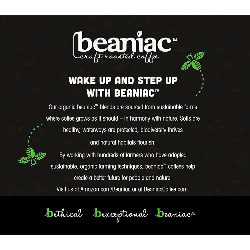 beaniac Organic Down Time Decaffeinated Medium Roast, Single Serve Coffee Pods, Arabica Coffee, Plant-Based, 30 Count