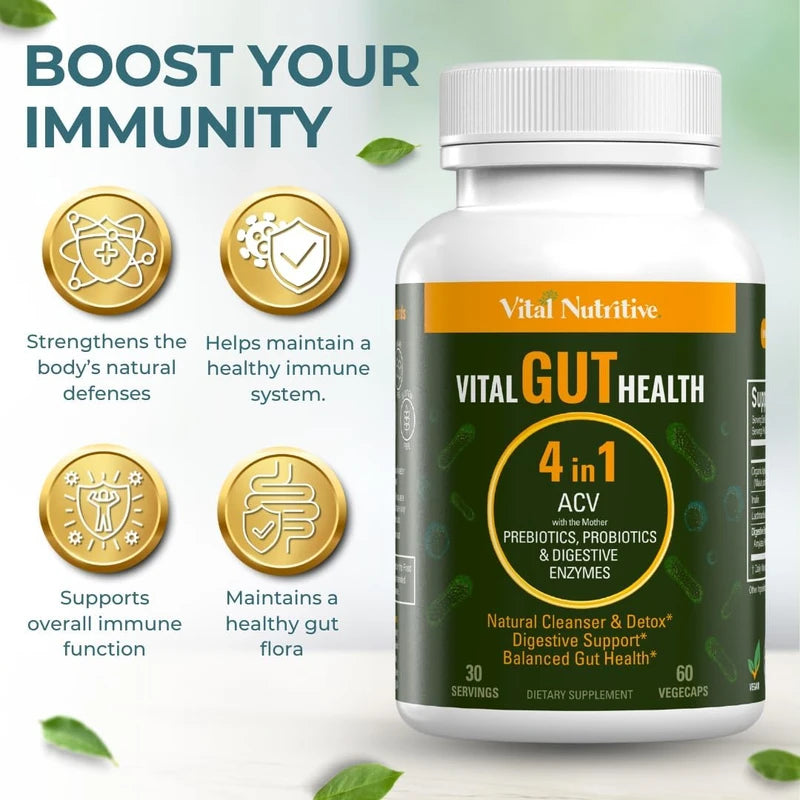 Vital Gut Health 4-in-1 Formula – Apple Cider Vinegar, Prebiotics & Probiotics, Digestive Enzymes for Immunity & Complete Gut Support