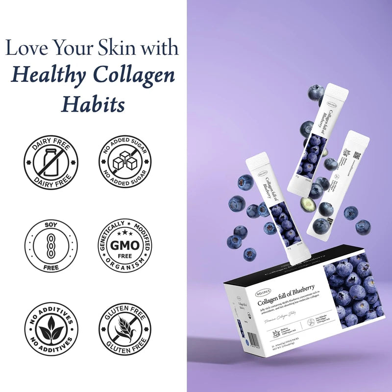 WELLINUS Blueberry Full of Collagen, Jelly Stick, Marine Collagen, Fast Absorbing, Snack, Ultra-Low Weight Molecular Marine Collagen, HACCP Certified, 22.05 oz/Pack of 25