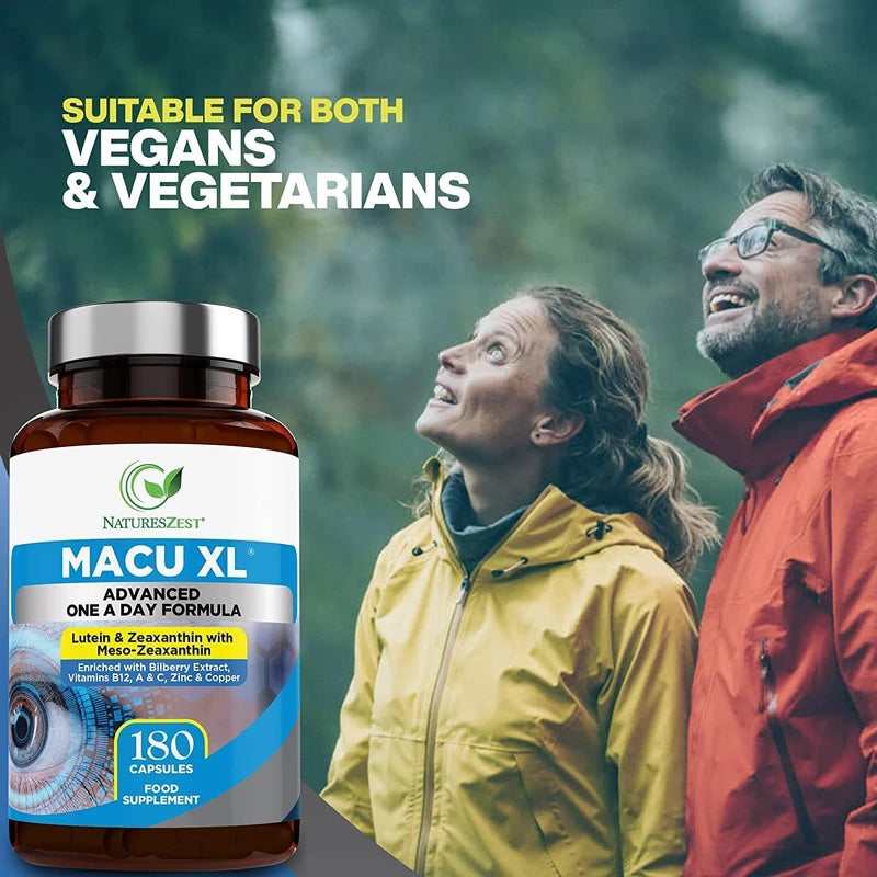 Macu XL - Lutein and Zeaxanthin Supplement - 6 Month Supply with Meso Zeaxanthin, Bilberry Extract, Vitamins A, B12 & Zinc, 180 Vegan Capsules - Eye Supplement for Vision Health – Packaging May Vary