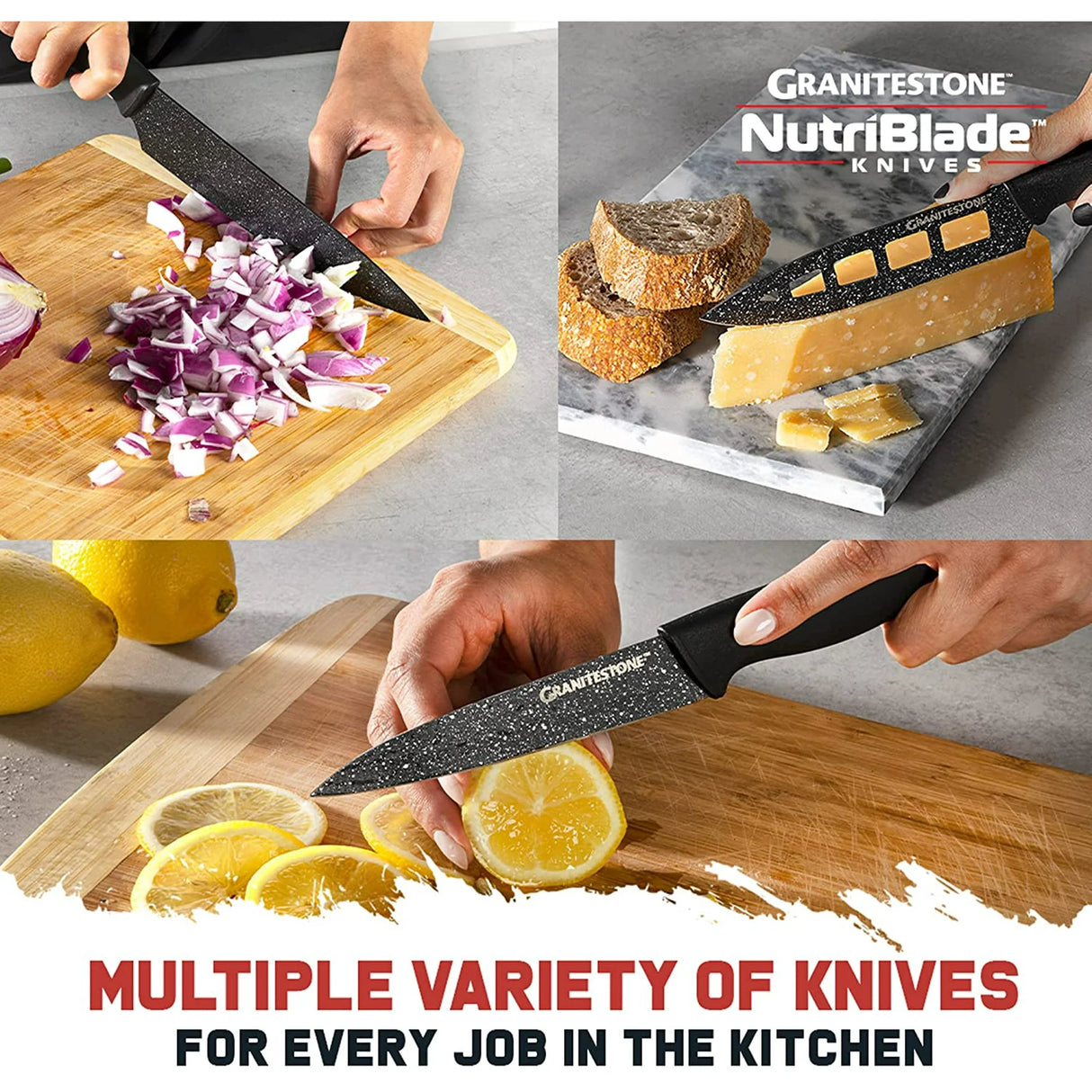 Granitestone Nutriblade Knife Set, High Grade Professional Chef Kitchen Knives Set, Toughened Stainless Steel with Nonstick Mineral Coating, Rubberized Ergonomic Grip, Dishwasher Safe