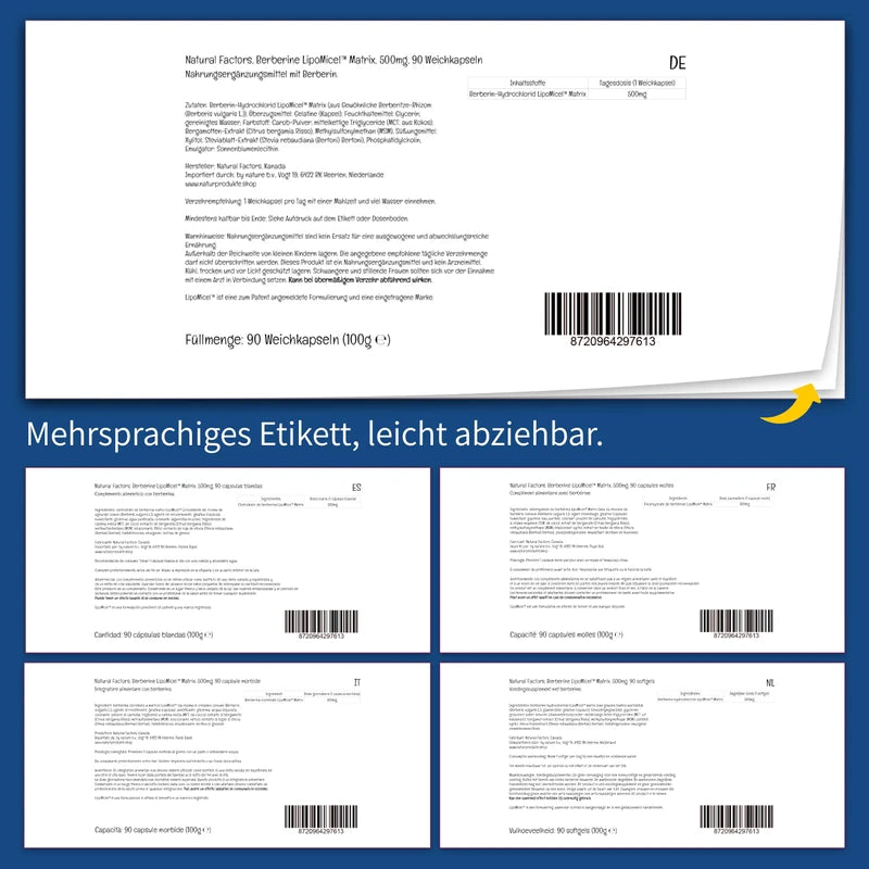 Natural Factors, Berberine LipoMicel Matrix, 500mg, 90 Weichkapseln, hochdosiert, Laborgeprüft, Sojafrei, Glutenfrei, Ohne Gentechnik