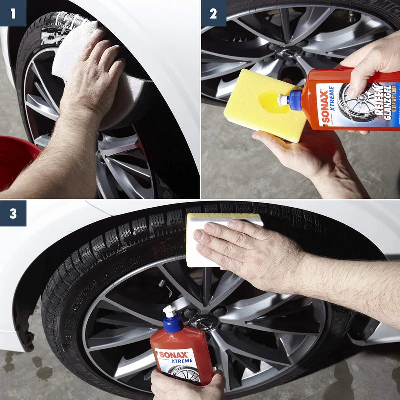 SONAX Xtreme Tyre Gloss Gel (500 ml) Nourishes and Protects Rubber and Tyres From Cracking and Colour Fading, Long-Lasting Tyre Gloss, Item No. 02352410
