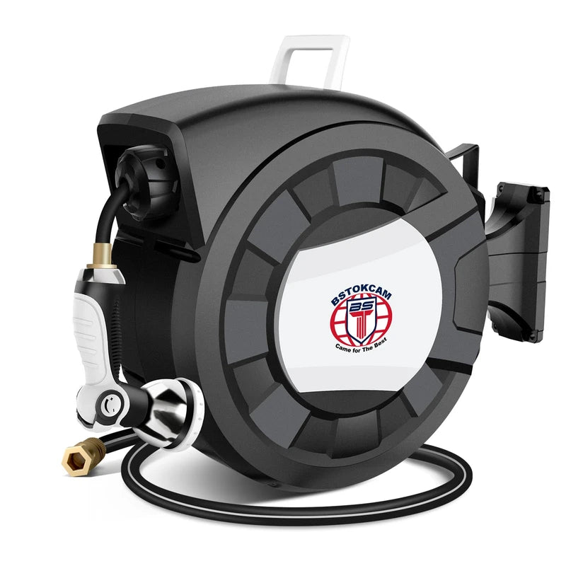 Retractable Garden Hose Reel by BSTOKCAM, 5/8" x 66ft Hybrid Rubber Hose, Water Hose Reels Automatic Rewind Storage, 10 Patterns Nozzle Included