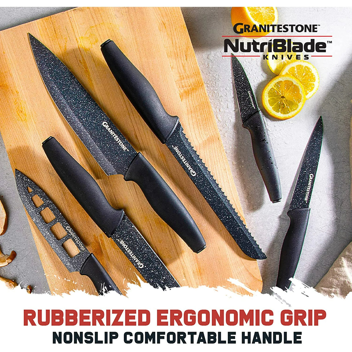 Granitestone Nutriblade Knife Set, High Grade Professional Chef Kitchen Knives Set, Toughened Stainless Steel with Nonstick Mineral Coating, Rubberized Ergonomic Grip, Dishwasher Safe
