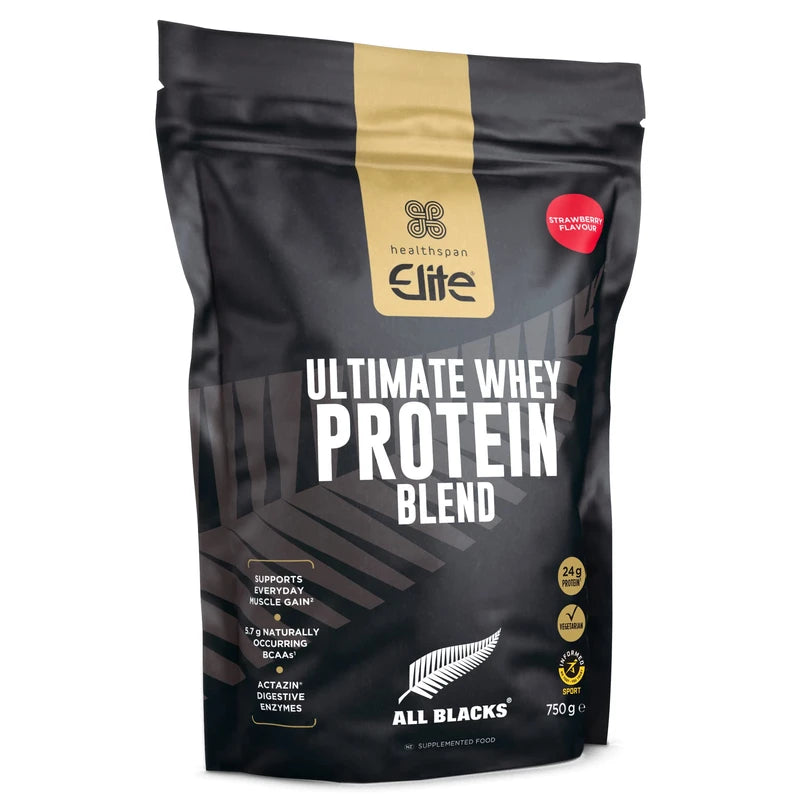 Healthspan Elite All Blacks Ultimate Whey Protein Blend 750g | Whey Concentrate & Isolate Proteins | 24g Protein Per Serving | Muscle Gain | 5.7g BCAAs | Contains Actazin | Vegetarian (Strawberry)