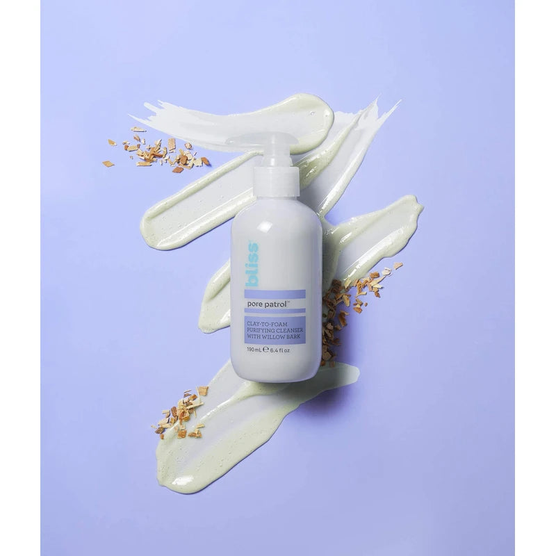 Bliss Pore Patrol Cleanser, Clay-to-Foam Purifying and Detoxifying Cleanser with Willow Bark, Minimizes the Appearance of Pores | Hypoallergenic | Clean | Cruelty-Free | Paraben Free | Vegan | 6.4 oz