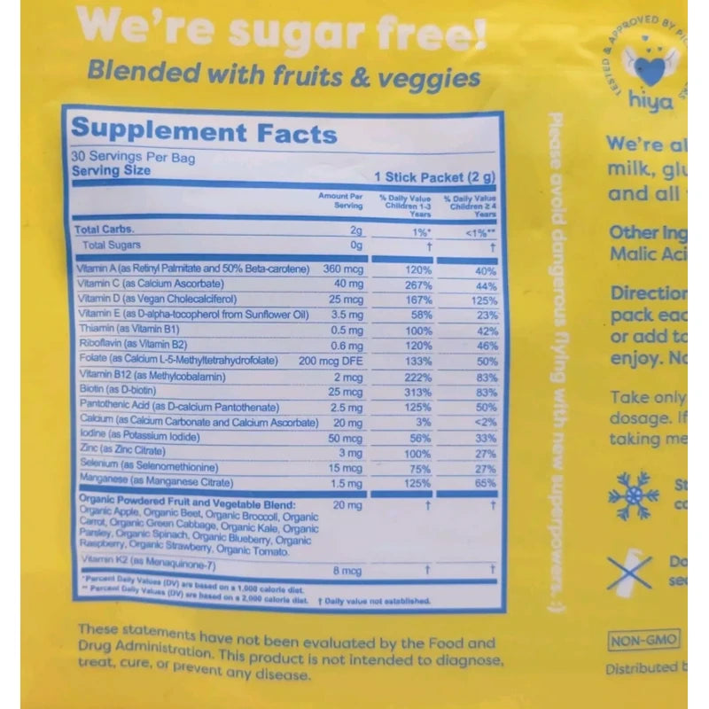 Hiya Health Kid's Daily Multivitamin - 20 STICK PACKS Mixed Berry Booster Powder