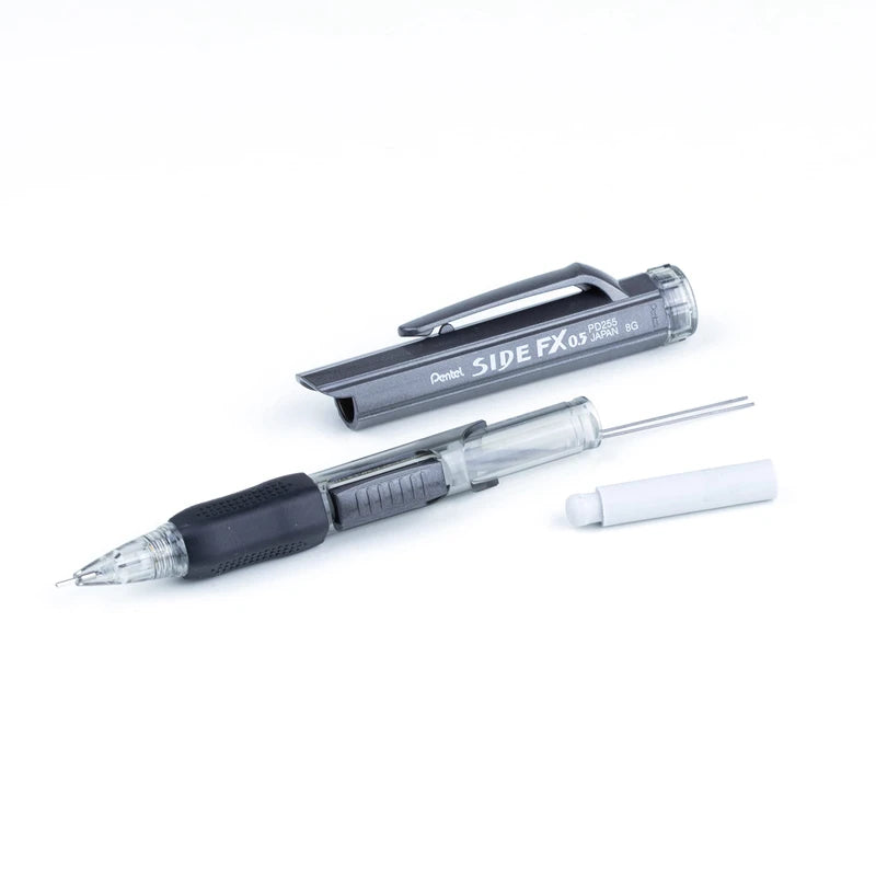 Pentel Side FX Mechanical Pencil with Side Click Lead Advance, 0.5mm Fine Point, Large Retractable Eraser, Black Barrel, PD255-A, Box of 12