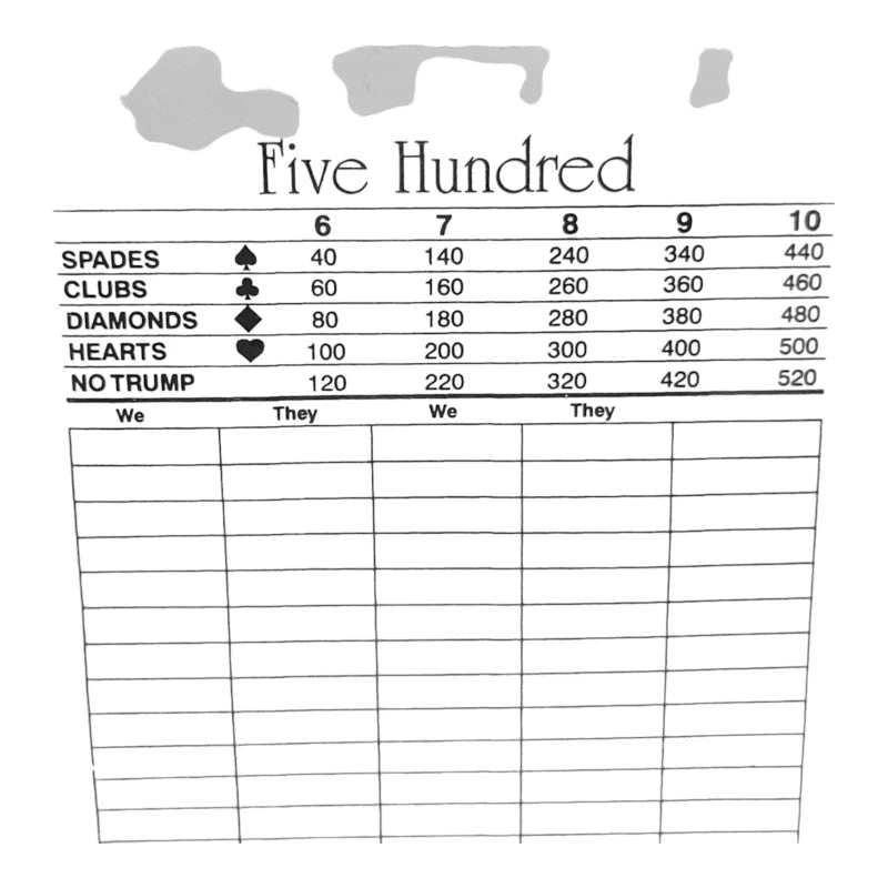 Unbranded 500 Card Game Score Pads Five Hunderd Trick Taking Game Lot of 4 Pads