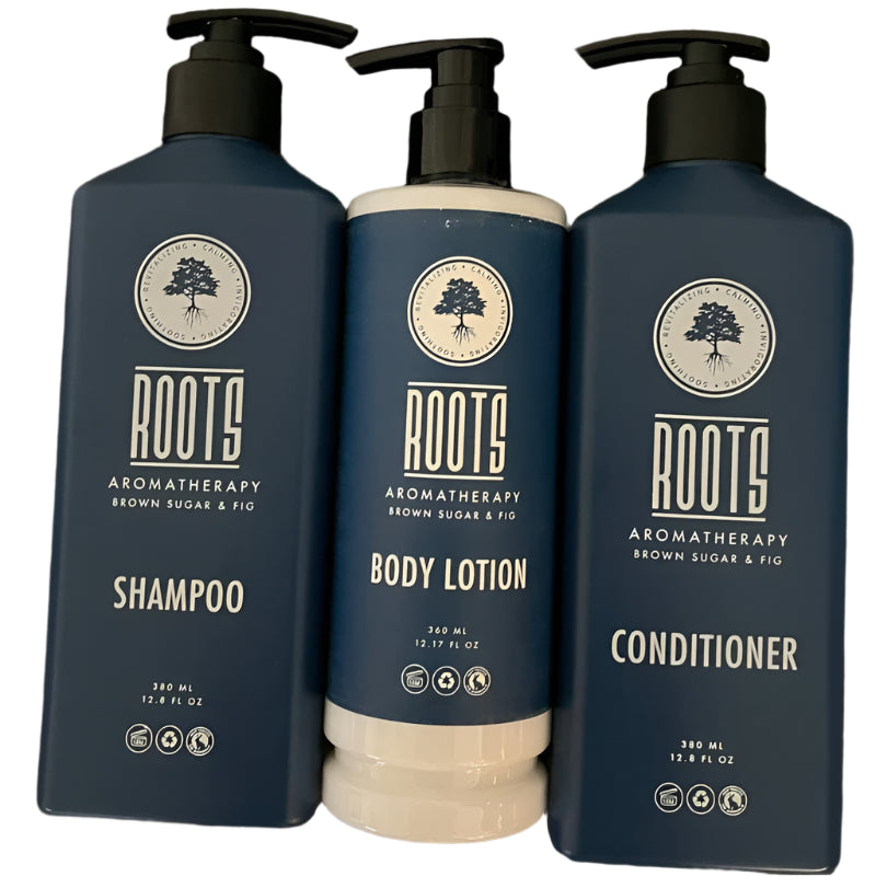 Roots Aromatherapy Brown Sugar and Fig Shampoo, Conditioner, and Body Lotion
