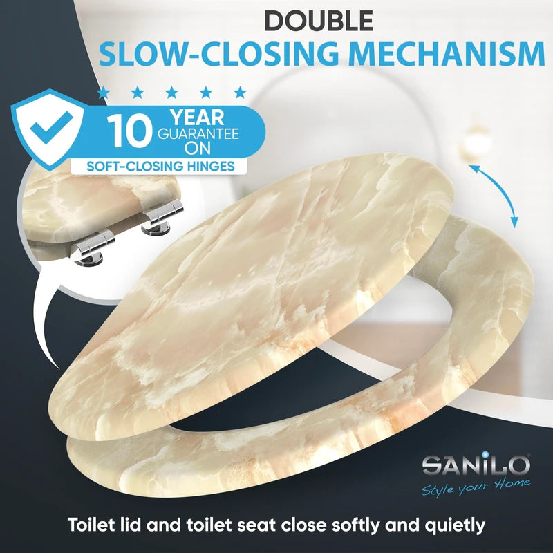 Sanilo Soft Close Toilet Seat ELONGATED, Quiet and Slow Close Lid and Seat, Strong Bumpers and Hinges, Marble Nature
