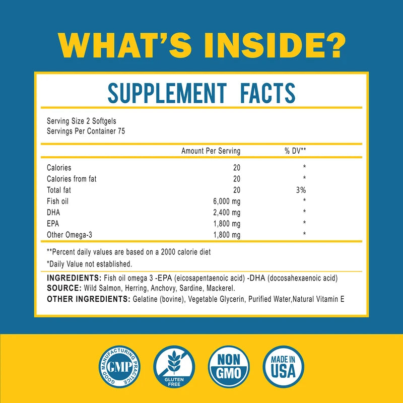 Omega 3 Fish Oil 6000 Mg with Maximum EPA DHA - Supports Brain, Liver, Heart & Immunity - Made in The USA - 150 Softgels