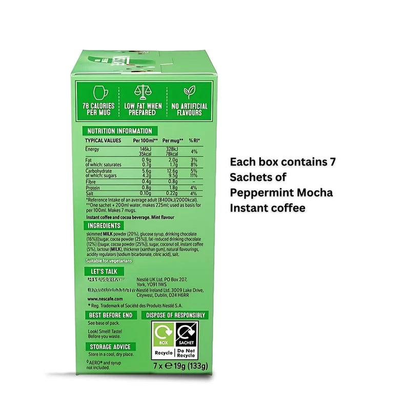 Instant Coffee Bundle Which Includes: 2x Mocha Nescafe Sachets : 1x Quality Street Green Triangle & 1x Aero Peppermint (7 instant coffee sachets each) Bundled With 1 x Coffee Spoon by Donny & Dev