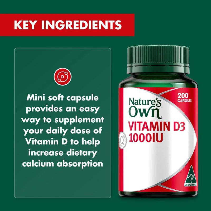 Nature's Own Vitamin D 1000IU Capsules 200 - Aids Calcium Absorption - Supports healthy Immune System Function, Bone health, Muscle Strength in the Elderly, & Muscle Function - High Strength