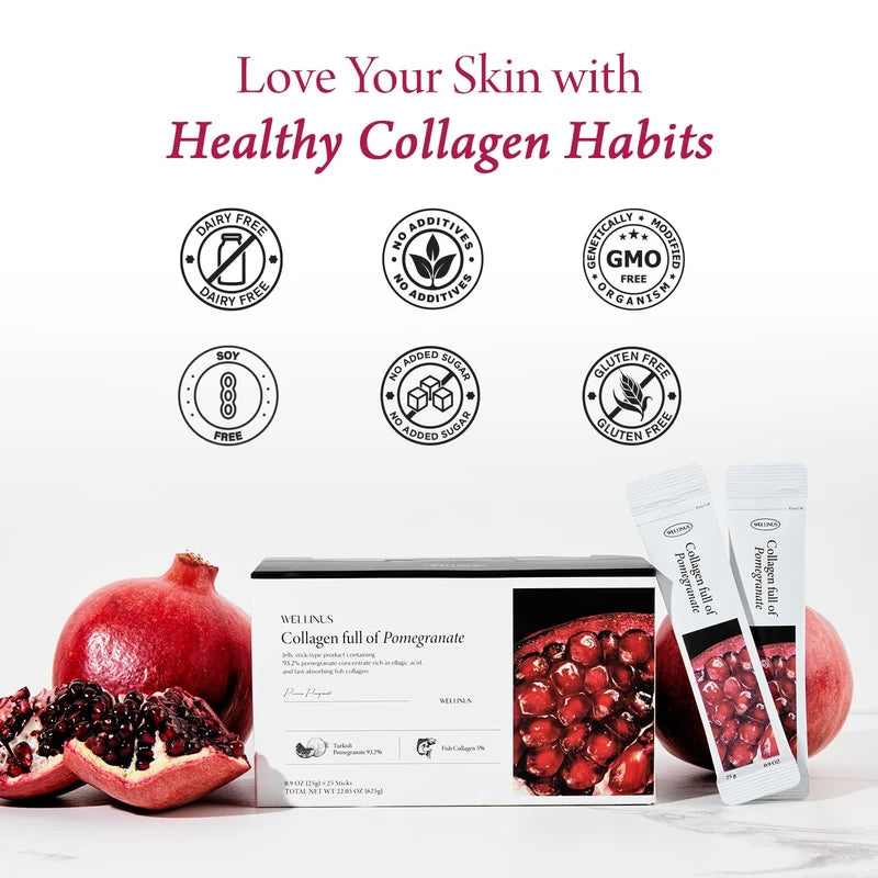 WELLINUS Pomegranate Full of Collagen, Jelly Stick, Marine Collagen, Fast Absorbing, Snack, Ultra-Low Weight Molecular Marine Collagen, HACCP Certified, 22.05 oz/Pack of 25
