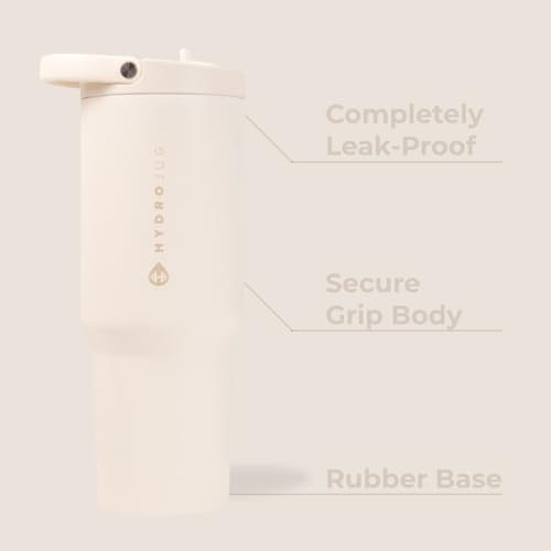 HydroJug Sport - Stainless Steel Tumbler with Straw, Vacuum Insulated, 40oz Leakproof Water Bottle, Ergonomic Design, Reusable, Dishwasher Safe, Rubber Base, Durable for Gym or Outdoors, Cream