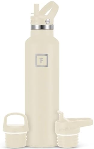 IRON °FLASK Camping & Hiking Hydration Canteens - 3 Lids (Narrow Straw Lid) Leak Proof Vacuum Insulated Stainless Steel - Hot & Cold Double Walled Sports Water Bottle - Cashmere Cream, 24 Oz
