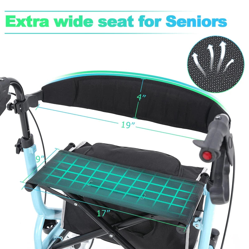 Rollator Walker for Seniors with Seat Fold Up Lightweight Mobility Walking Aid for Adult Weight to 300lb and with A Rolling Walker Accessories Bag