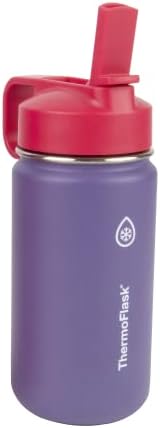 ThermoFlask Kids Bottle with Straw Lid - Durable & Dishwasher-Safe Water Bottles & Lids - Leak-Proof Bottle Lid Design - Reusable Water Bottles for Everyday Use - 14 oz, Punch/Eggplant (2 Pack)