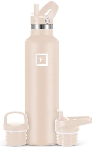 IRON °FLASK Camping & Hiking Hydration Canteens - 3 Lids (Narrow Straw Lid) Leak Proof Vacuum Insulated Stainless Steel - Hot & Cold Double Walled Sports Water Bottle - Sand, 24 Oz