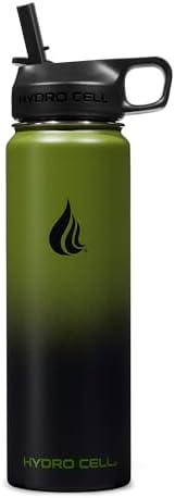 HYDRO CELL Stainless Steel Insulated Water Bottle with Straw - For Cold & Hot Drinks - Metal Vacuum Flask with Screw Cap and Modern Leakproof Sport Thermos for Adults (Army/Black 24oz)