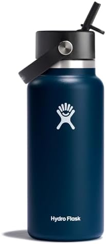 HYDRO FLASK Wide Mouth vacuum insulated stainless steel water bottle with leakproof closeable straw lid for cold water drinks, sports, travel, car and school