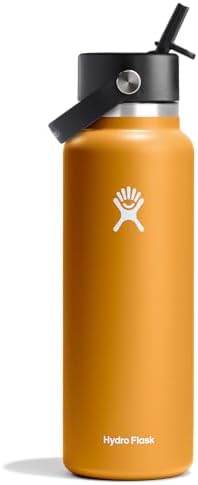 HYDRO FLASK Wide Mouth vacuum insulated stainless steel water bottle with leakproof closeable straw lid for cold water drinks, sports, travel, car and school