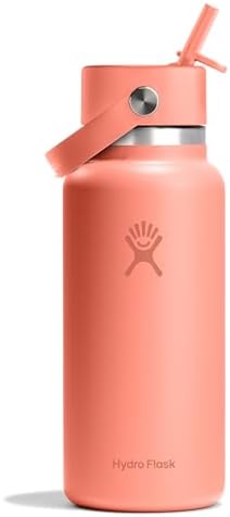 HYDRO FLASK Wide Mouth vacuum insulated stainless steel water bottle with leakproof closeable straw lid for cold water drinks, sports, travel, car and school