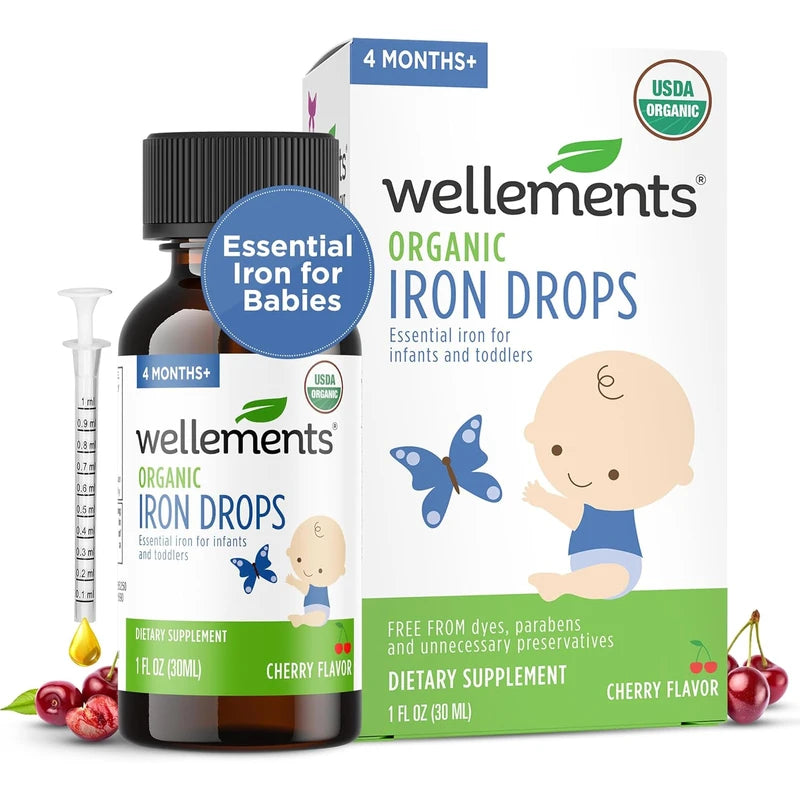 Wellements Organic Iron Drops for Babies & Toddlers (1 fl oz) | Cherry Flavor Liquid Iron Supplement | For Infants 4+ Months to 3 Years | Supports Growth & Development