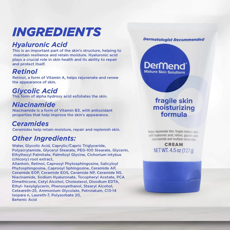 DerMend Specialized Fragile Skin Moisturizing Cream: Formula to Restore & Rejuvenate Mature Skin - Daily Moisturizer & Anti Wrinkle Cream for Firming & Strengthening Thin, Aging Skin - 4.5 Oz Tube
