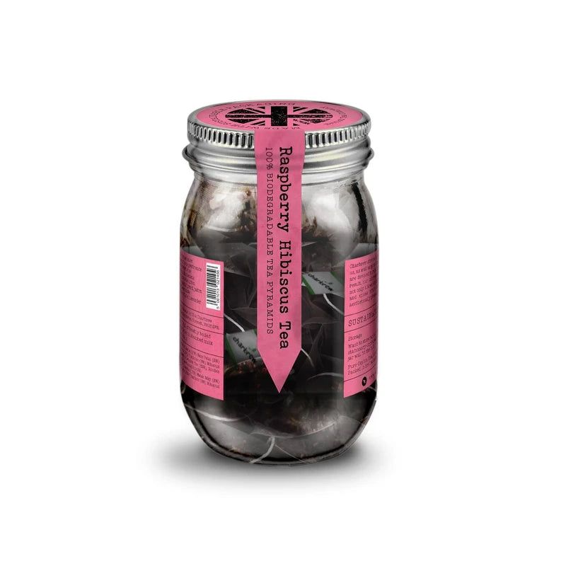 Charbrew Raspberry Hibiscus Tea Teabags - 100% Compostable Tea Bags in Reusable Glass Mason Jar 40g/1.41oz - 16 Premium Fine Mesh Teabag Infusers Premium Tea from Sri Lanka