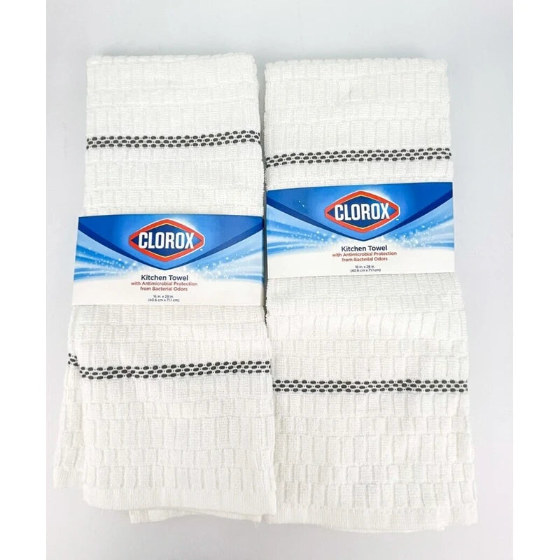 Clorox Kitchen Towels 16" x 28 Gray Stripe Bleach Safe 50 Washes Lot Of 2 Cotton